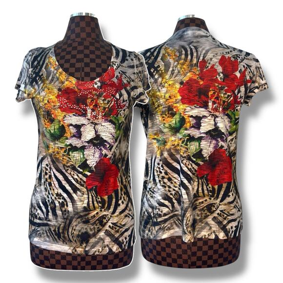 Vtg Y2K Cache Embellished Graphic Top Size Medium Rhinestone Animal Print AOP - Picture 1 of 10